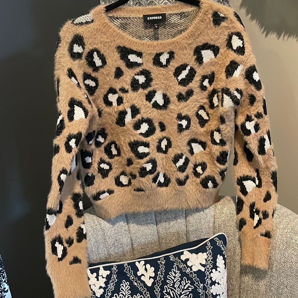 Express leopard animal print fuzzy sweater xs